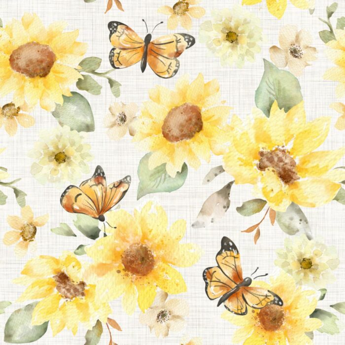 Tissu Imprimé Fleuri Tournesol Aquarelle Papillons Lin, 10 tissus au choix