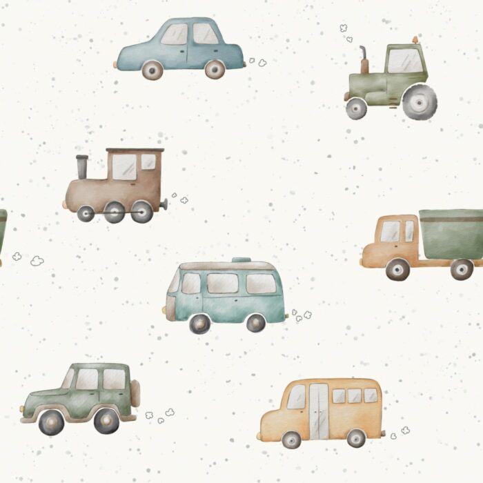 Tissu Imprimé Voiture Train Tracteur Creme, 10 tissus au choix