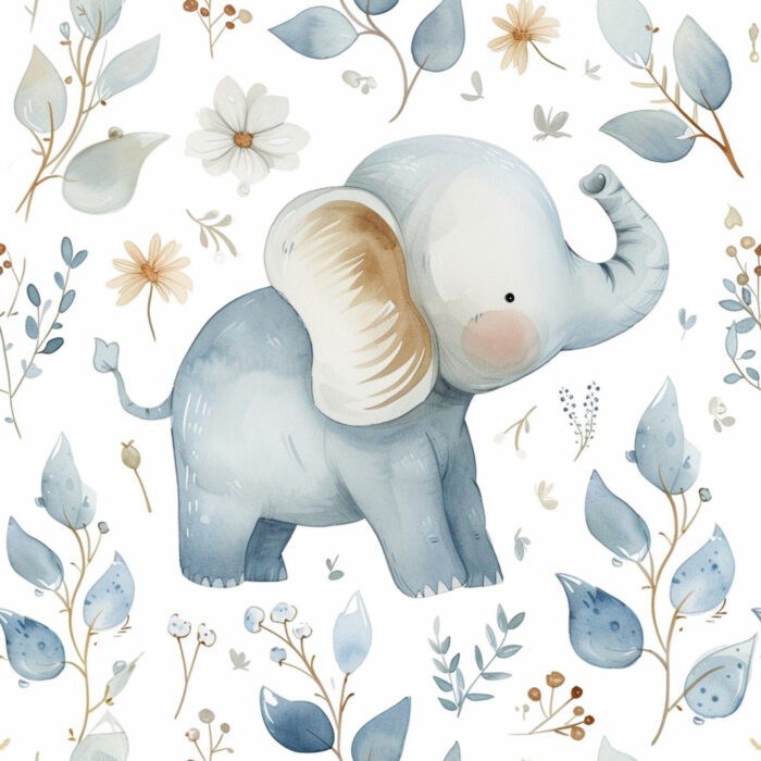 Tissu Imprimé Elephants Fleurs Bleues, 10 tissus au choix
