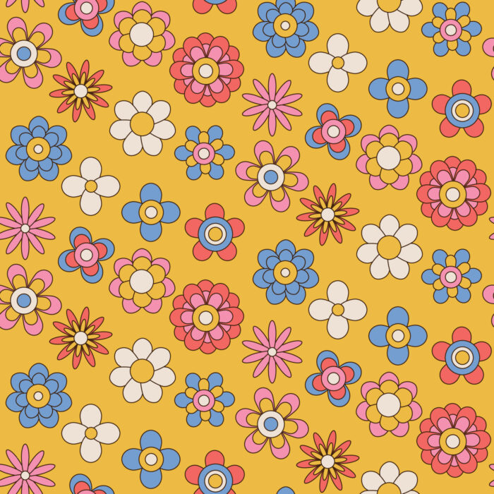 Tissu Imprimé Fleurs Retro Jaune, 10 tissus au choix