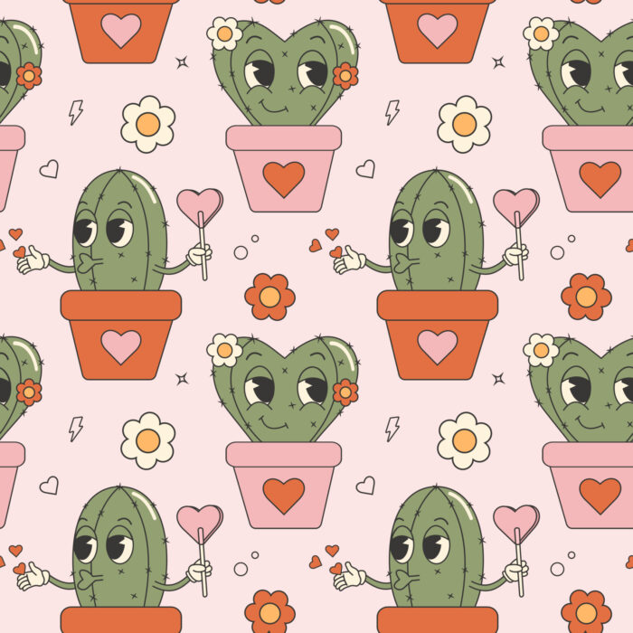 Tissu Imprimé Retro Cactus Coeurs, 10 tissus au choix