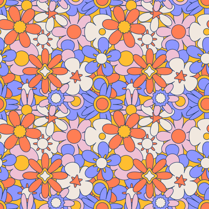 Tissu Imprimé Retro Groovy Fleuri Violet, 10 tissus au choix