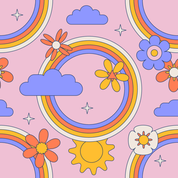 Tissu Imprimé Retro Hippie Ciel Rose, 10 tissus au choix