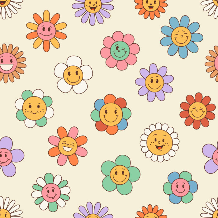 Tissu Imprimé Retro Smiley Fleurs Couleurs, 10 tissus au choix
