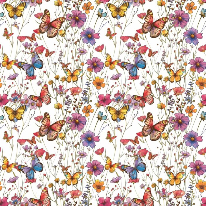 Tissu Imprimé Champs Fleurs Papillons, 10 tissus au choix