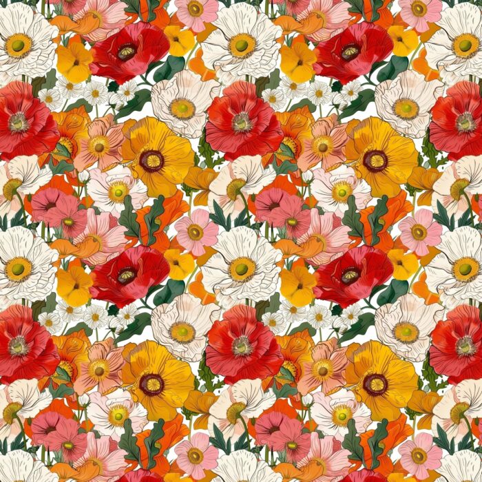 Tissu Imprimé Fleurs Champs Coquelicots Vintage, 10 tissus au choix