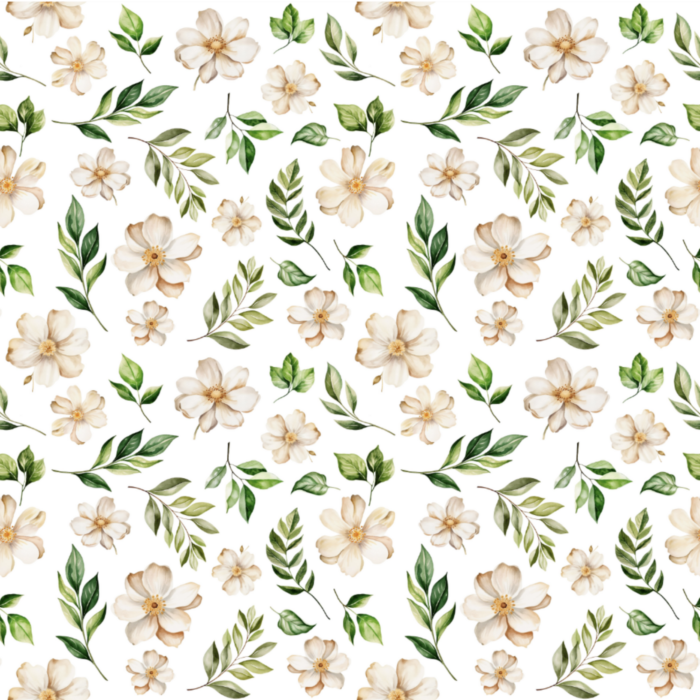 Tissu Imprimé Fleurs Blanches Feuilles, 10 tissus au choix