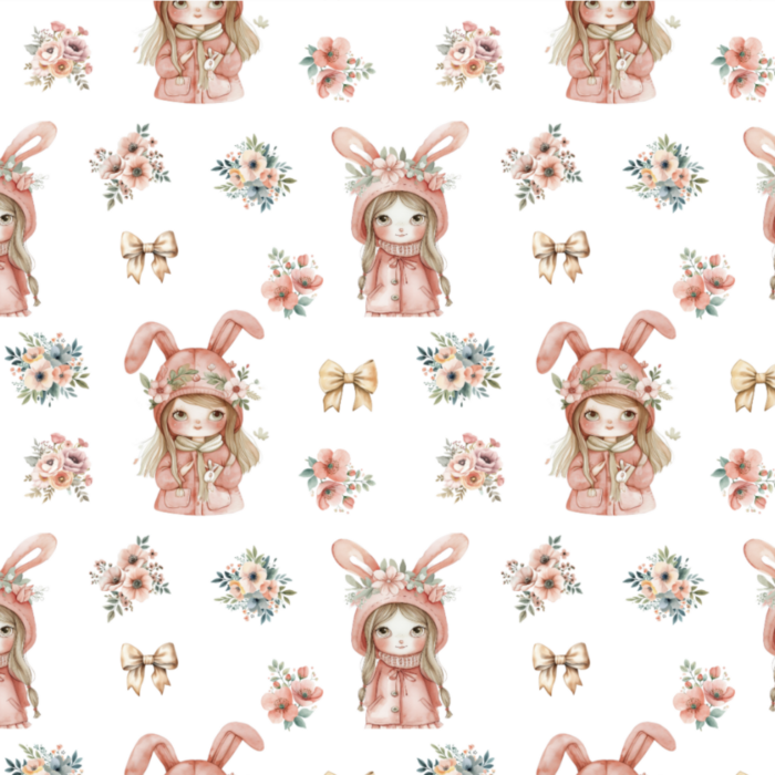 Tissu Imprimé Fille Lapin Bouquet, 10 tissus au choix