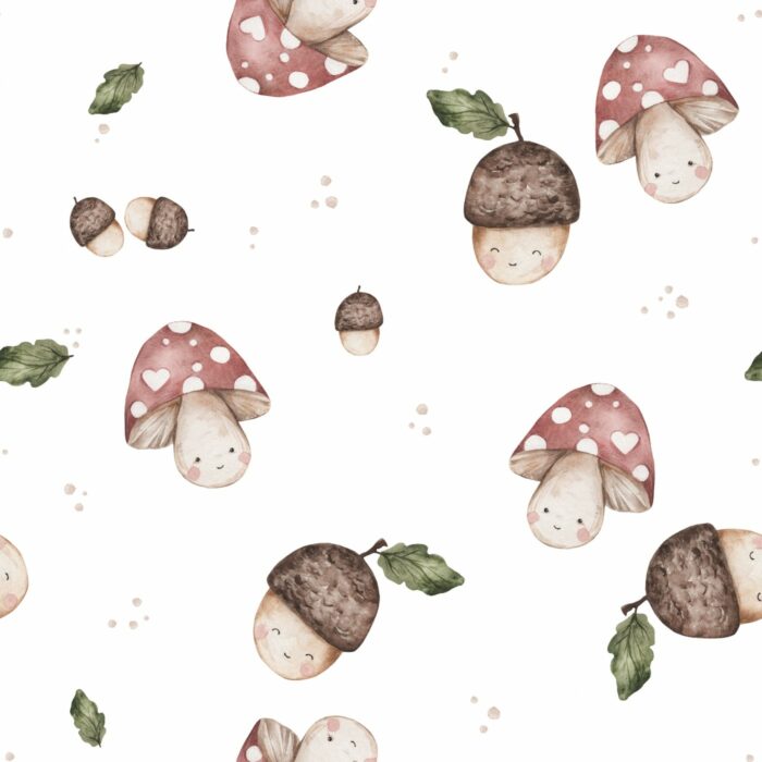 Tissu Imprimé Champignon Gland Mignon, 2 coloris et 11 tissus au choix