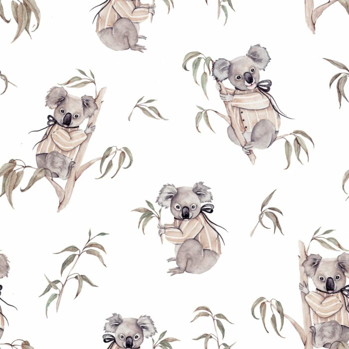 Tissu Imprimé Koala Bambou Blanc, 11 types de tissus au choix
