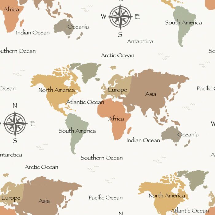 Tissu Imprimé Carte du Monde Boussole, 2 coloris et 11 tissus au choix