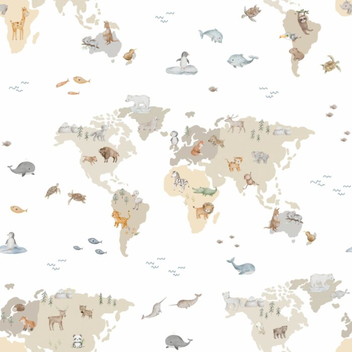 Tissu Imprimé Carte du Monde Animaux, 5 coloris et 11 tissus au choix