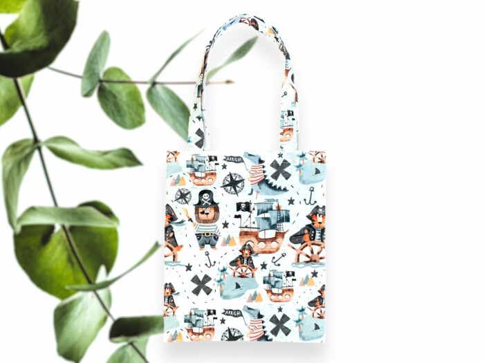 Tote bag personnalisé brodé prénom, Animaux Pirates, 2 tailles au choix