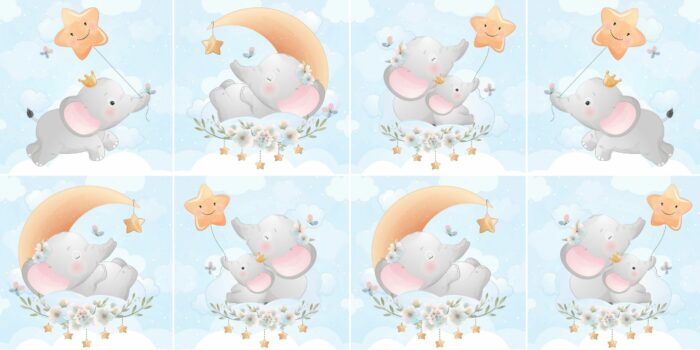 Panneau 8 lingettes lavables 12x12cm Elephant Lune