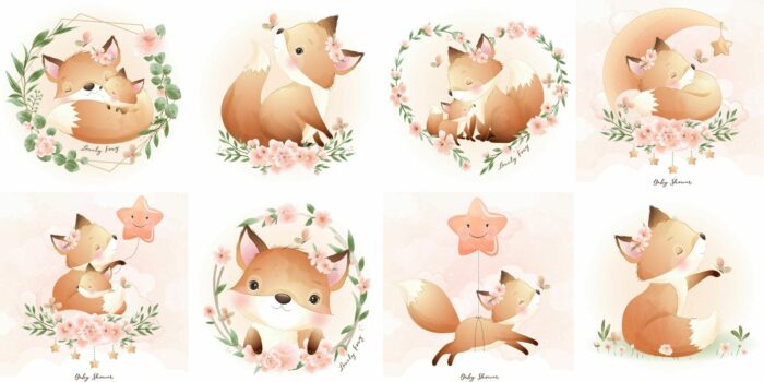 Panneau 8 lingettes lavables 12x12cm Lovely Renard Fleurs