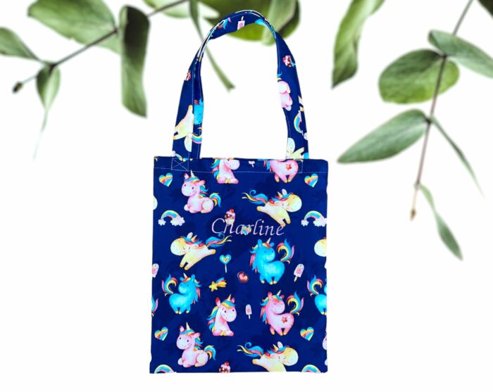 Tote bag personnalisé brodé prénom, Licorne Bleu, 2 tailles au choix