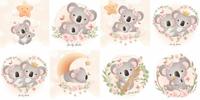 Panneau 8 lingettes lavables 12x12cm Koala Fleurs