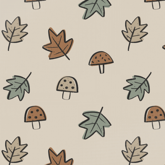 Tissu Imprimé Automne Feuilles Champignons, 3 coloris et 11 tissus au choix