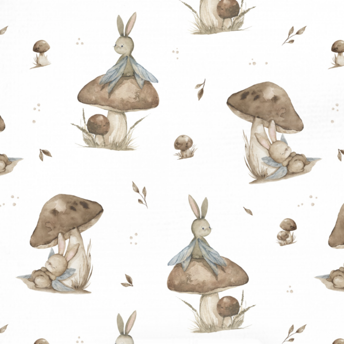 Tissu Imprimé Automne Lapin Champignon, 2 coloris et 11 tissus au choix