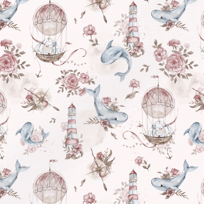 Tissu Imprimé Marin Baleine et Fleurs Rose, 11 tissus au choix