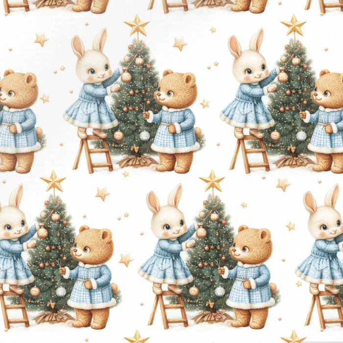 Tissu Imprimé Noel Lapin Ourson Sapin, 11 tissus au choix