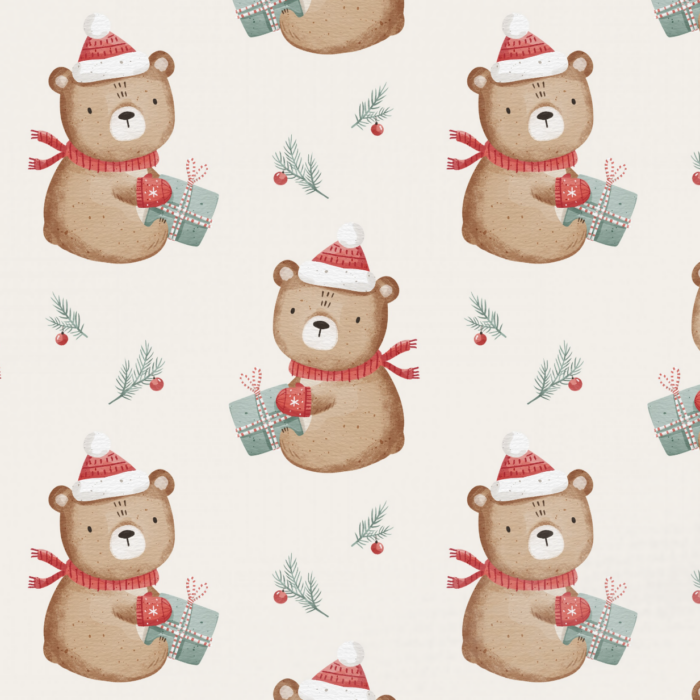 Tissu Imprimé Noel Ourson Cadeau, 4 coloris et 11 tissus au choix