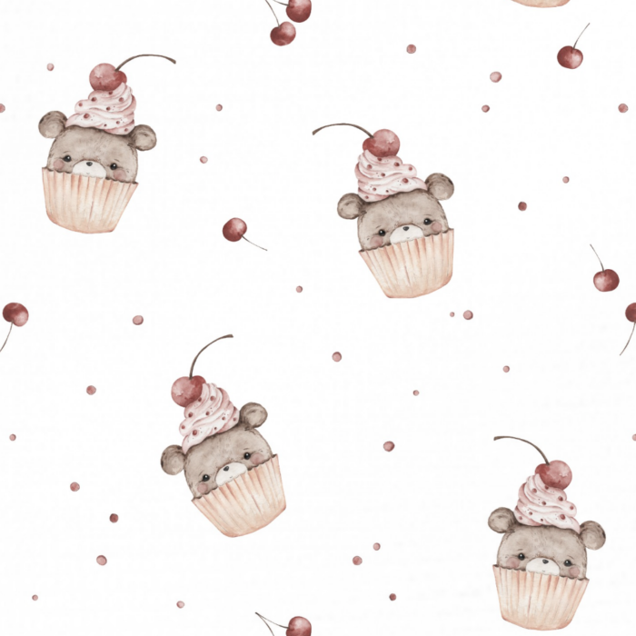 Tissu Imprimé Ourson Cupcake Blanc, 11 tissus au choix