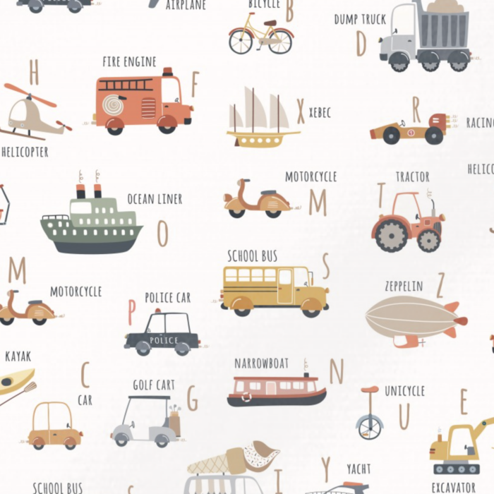Tissu Imprimé Vehicules Alphabet, 3 coloris et 11 tissus au choix