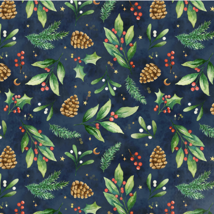 Tissu Imprimé Noel Brindilles Nuit, 11 tissus au choix