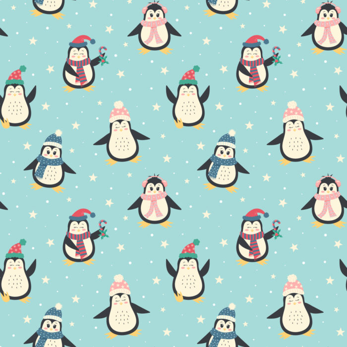 Tissu Imprimé Hiver Pingouin Vintage, 11 tissus au choix