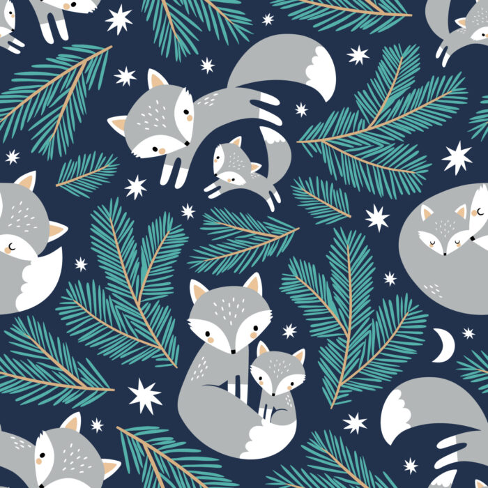 Tissu Imprimé Hiver Renard Gris Sapin, 11 tissus au choix