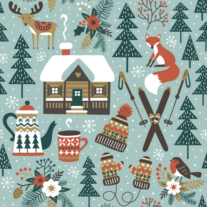 Tissu Imprimé Noel Renard Chalet Bleu, 11 tissus au choix