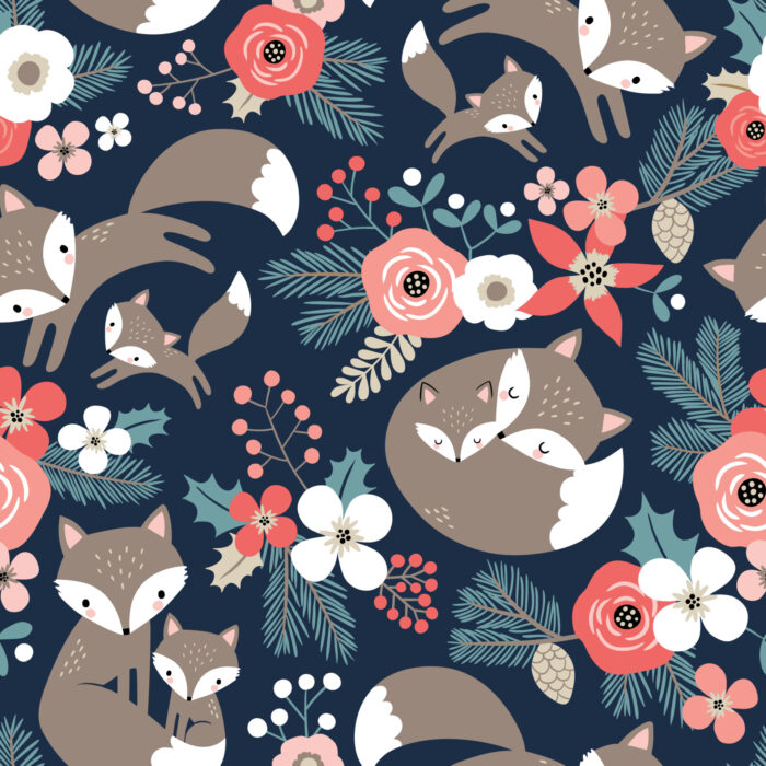 Tissu Imprimé Noel Renard Gris Fleurs, 11 tissus au choix