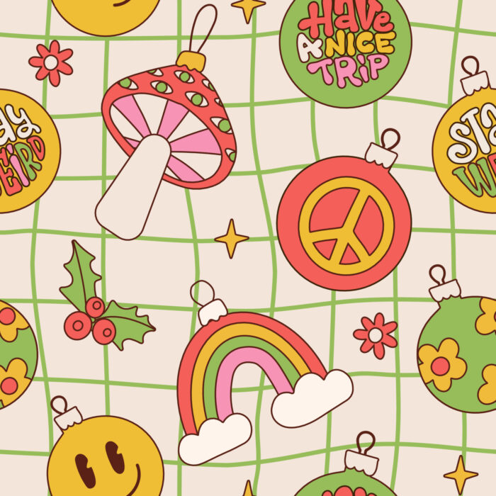 Tissu Imprimé Noel Retro Hippie Boules, 11 tissus au choix