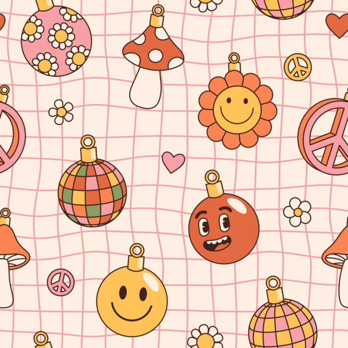 Tissu Imprimé Groovy Retro Boule de Noel, 11 tissus au choix