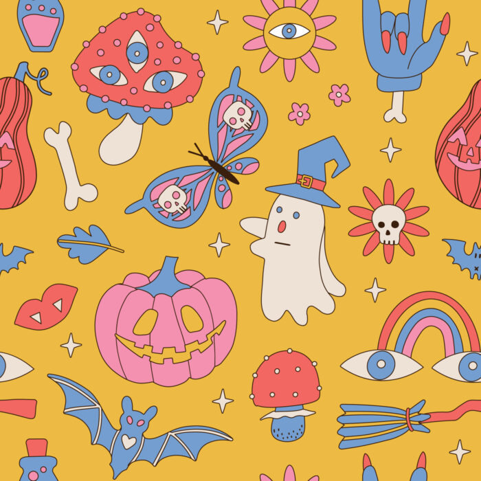 Tissu Imprimé Retro Groovy Halloween, 11 tissus au choix