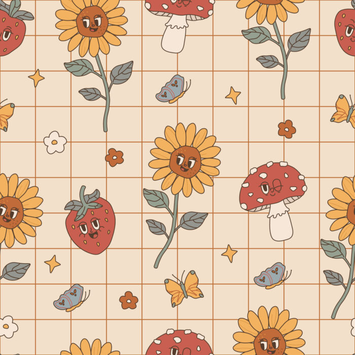 Tissu Imprimé Retro Groovy Tournesol, 11 tissus au choix