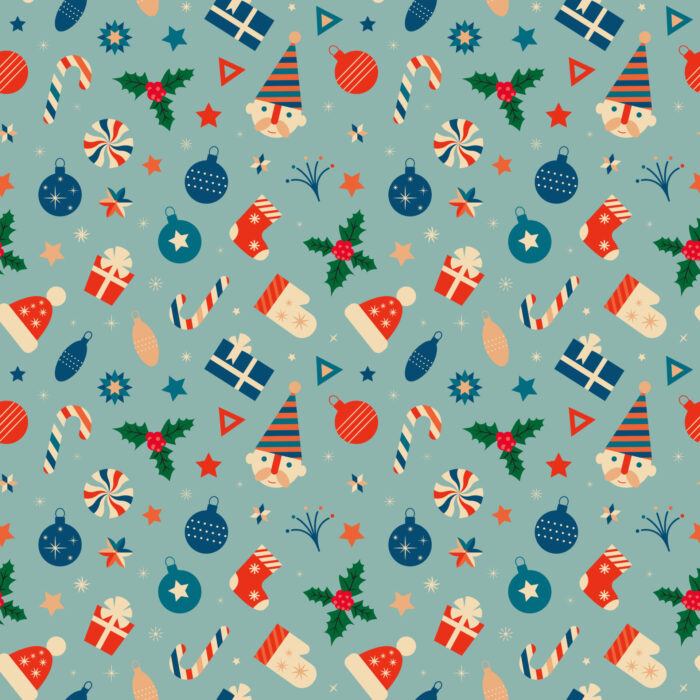 Tissu Imprimé Retro Noel Vintage Bleu Petit, 11 tissus au choix