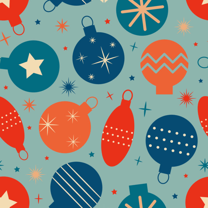 Tissu Imprimé Retro Noel Vintage Boules Bleu, 11 tissus au choix