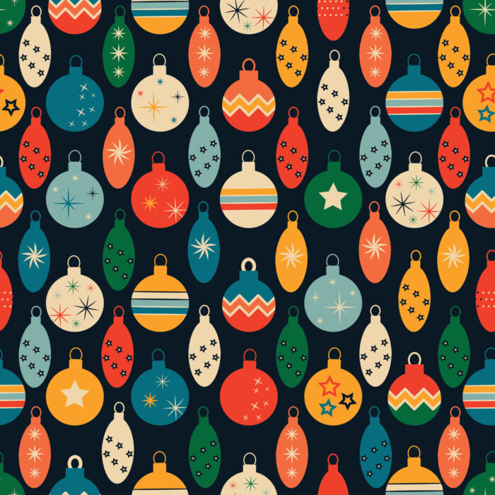 Tissu Imprimé Retro Noel Vintage Boules Noir Petit, 11 tissus au choix