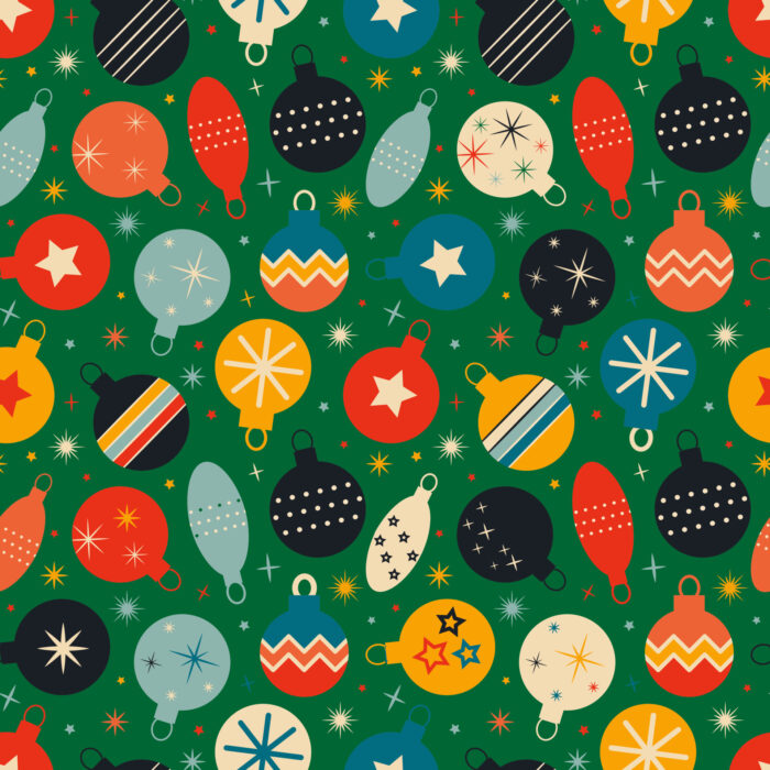 Tissu Imprimé Retro Noel Vintage Boules Vert, 11 tissus au choix