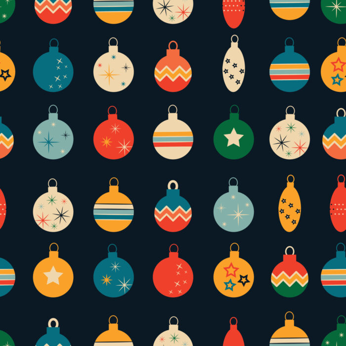 Tissu Imprimé Retro Noel Vintage Noir Boules, 11 tissus au choix