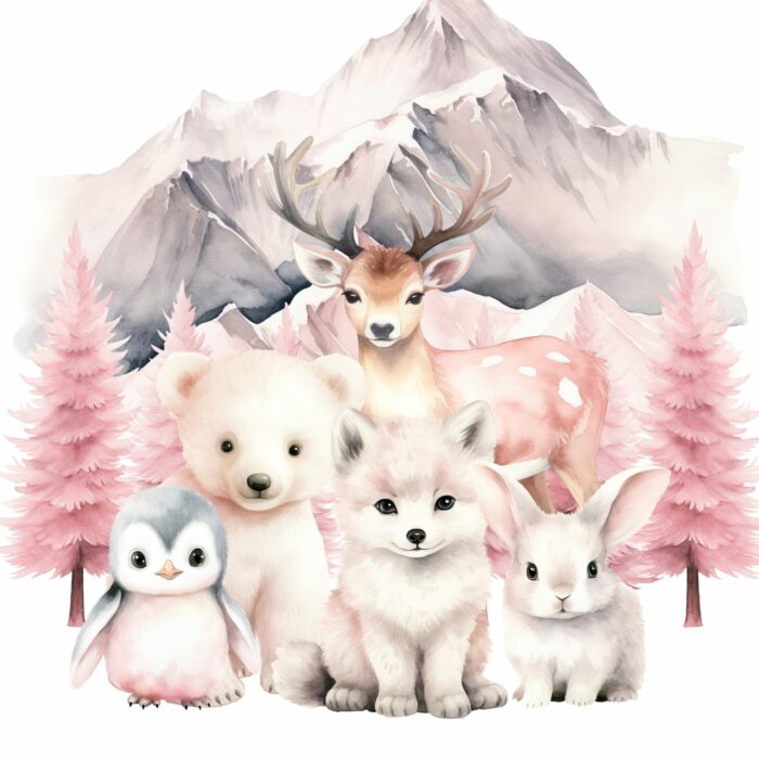 Panneau Hiver Polaire Animaux Rose Montagne, taille au choix