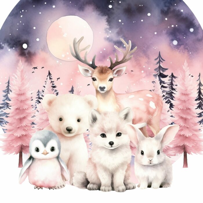 Panneau Hiver Polaire Animaux Rose Nuit, taille au choix