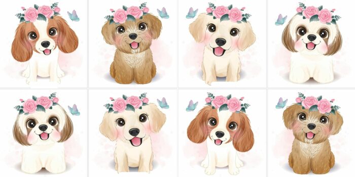 Panneau 8 lingettes lavables 12x12cm Chiots Mignons