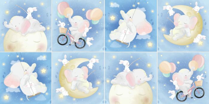 Panneau 8 lingettes lavables 12x12cm Elephant Etoiles