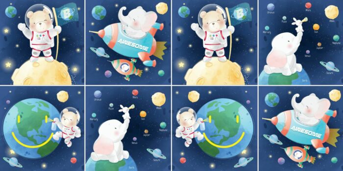 Panneau 8 lingettes lavables 12x12cm Elephant Ourson Espace