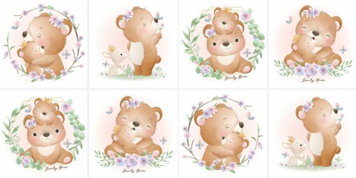Panneau 8 lingettes lavables 12x12cm Lovely Ourson