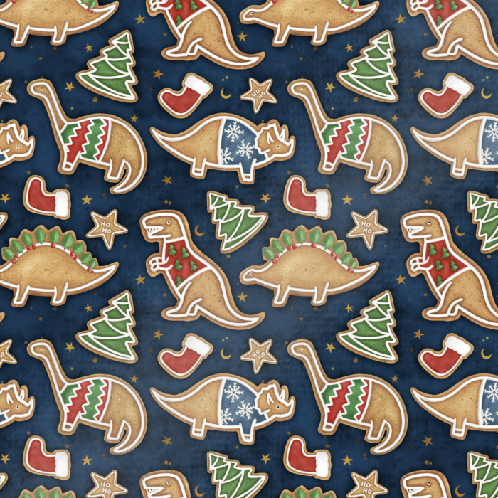 Tissu Imprimé Dino Noel Pain d'Epices, 11 tissus au choix