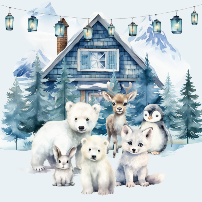 Panneau Hiver Polaire Animaux Maison, taille au choix